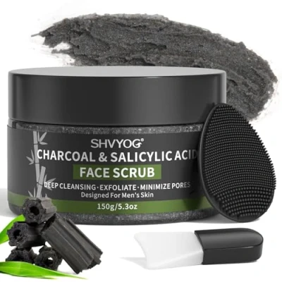 Image of Men&#039;s Face Scrub, Bamboo Charcoal Salicylic Acid Exfoliant, Facial Peeling Improves Blackheads, Acne, Clogged Pores, Cleansing Oil Control, Pre shave Care for Men, with Brush