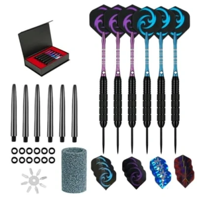 Image of HRLORK Professional Darts Set Steel Tip Dart Flights Blue and Purple Aluminum Shafts 6 Packs