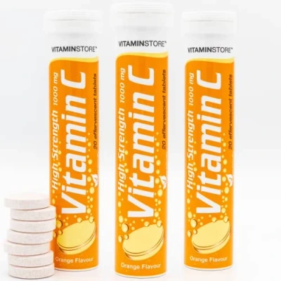 Image of Vitamin Store 60 High Strength C (1000mg) Effervescent Tablets 3 Packs of 20 Dissolvable One a Day Soluble Orange Flavoured Fizzy to Support Immunity