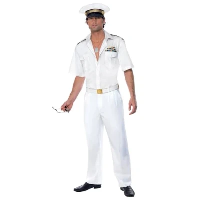 Image of Smiffys Top Gun Captain Costume, Adults White Shirt, Trousers &amp; Hat, Official License Outfit with Badges, Pocket Details Working Buttons, Halloween Fancy Dress
