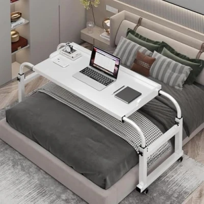 Image of ZHFASDS Over Bed Desk Height Adjustable 65 95cm，Overbed Table Mobile Computer With Desktop Baffle Food Tray Rolling Medical Wheels(Color:White)