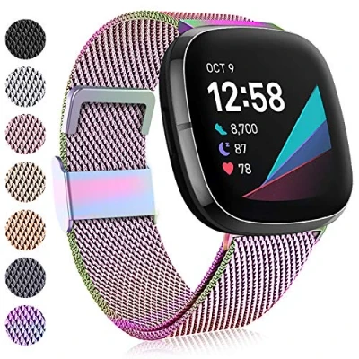 Image of Faliogo Compatible with Fitbit Versa 3 Strap/Fitbit 4 Sense Strap, Adjustable Stainless Steel Metal Replacement Strap Magnet Lock for 4/Versa 3/Sense, Small Colorful