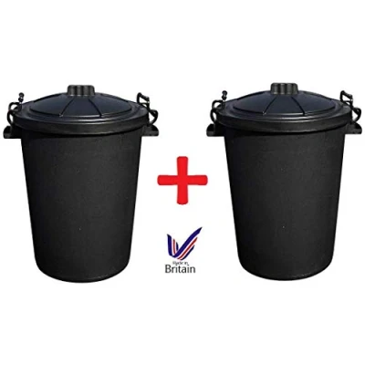 Image of KetoPlastics 2 x Large 80/85L Litre Black Plastic Bin Rubbish Dustbin Animal Feed Storage