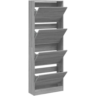 Image of vidaXL Shoe Cabinet Grey Sonoma Engineered Wood Rack/Organizer, 60x21x163.5 cm, 4 Flip Drawers, Space Saving for Hallway/Entryway