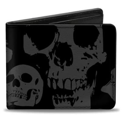 Image of Buckle Down Bi Fold Wallet Pu Bifold Skulls Stacked Weathered Black/Gray mens,4.0&quot; x 3.5\