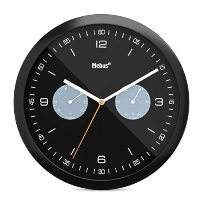 Image of Mebus Quartz Wall Clock with Thermometer and Hygrometer, Black, 26 cm Durchmesser
