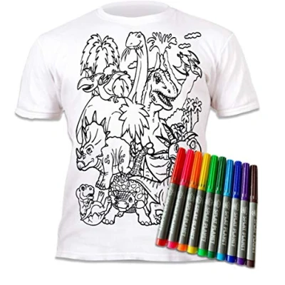 Image of Splat Planet Colour in Dinosaur T Shirt with 10 Non Toxic Washable Magic Pens Your Own, and Wash Out (7 8 Years) White