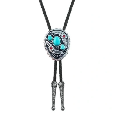 Image of QUKE Vintage Native American Western Cowboy Blue Natural Turquoise Stone Bolo Tie Genunie Leather Bola Necktie for Men, A, Large