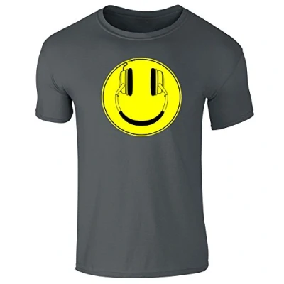 Image of Mens Headphones Happy Smile Face DJ Rave Bass Music T Shirt Charcoal Grey (L)