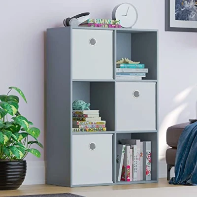 Image of Vida Designs Durham Cube Bookcase Storage Organiser Living Room Bookshelf Home Office Furniture (6 &amp; 3 White Baskets, Grey)