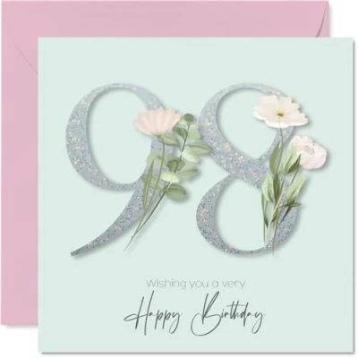 Image of 98th Birthday Cards for Women Fancy Floral Flowers Happy Card 98 Year Old Woman Granny Nan Nanny Grandma, 145mm Bday Greeting