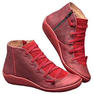 Image of Women Flat Leather Ankle Boots Autumn Winter Comfortable Arch Support Anti Slip Waterproof Outdoor Walking Red 6 UK
