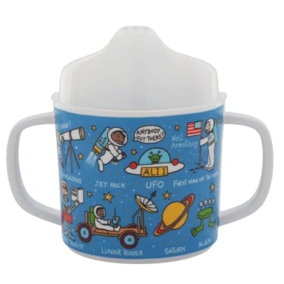 Image of Tyrrell Katz Two Handled Sippy Cup for Toddlers, Free Flow (No Valve), Removable Lid Transition to Open Beaker, Anti Slip Base, BPA Free, Detailed Space Themed Illustrations