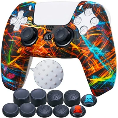 Image of 9CDeer 1 Piece of Silicone Transfer Print Protective Cover Skin + 10 Thumb Grips for Playstation 5 / PS5 Controller Black Stream