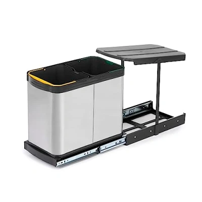 Image of Emuca Recycle Inox recycling bins for kitchen, 2 x 12 L, bottom fixing and manual/automatic removal.