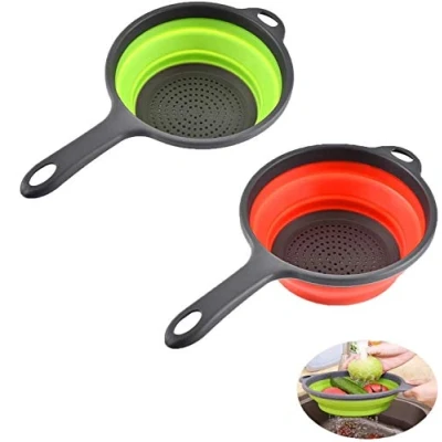 Image of ddLUCK 2 Pack Kitchen Collapsible Colander Strainer with Handle,Multi Functional Foldable Silicone Food Drain Basket for Draining Pasta, Fruit, Vegetable, Noodle (Green and Red)