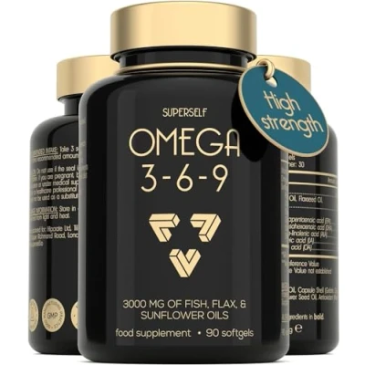 Image of Omega 3 6 9 Capsules High Strength 3000mg Triple Potency Premium Fish Oil, Flaxseed &amp; Sunflower Oil 90 Easy to Swallow Softgel Tablets EPA DHA ALA 369 Fatty Acids Nutritional Supplements