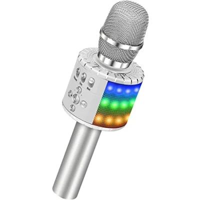 Image of BONAOK Microphone for Kids, Bluetooth Wireless Karaoke, 3 in 1 Portable Handheld Karaoke Mic with Lights, Birthday Gift Home Party Machine Android, iPhone, PC(Silver)