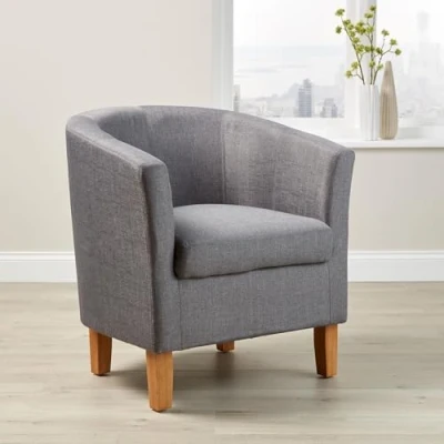 Image of Home Source Tub Accent Chair Fabric Armchair with Wooden Legs Upholstered Single Sofa for Home, Office, Living Room Padded Foam Seat (Light Grey)