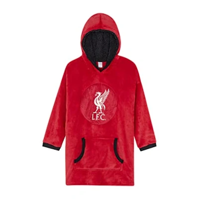 Image of Liverpool F.C. Boys Hoodie, Oversized Hooded LFC Lounge Gown Fleece Blanket, Gifts For Boys, One Size Fits All Ages 7 to 13 Years Red