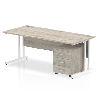 Image of Impulse 1800x800mm Desk Grey Oak WhiteCantilever Leg + Mobile Ped