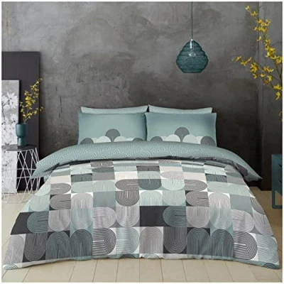 Image of Super Dreamer Reversible Complete Bed Set King Size, Duvet Cover With Fitted Sheet &amp; Pillow Cases 2 Pack, Comforter Quilt Cover, Green/Charcoal