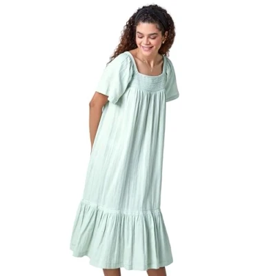 Image of Roman Originals Embroidered Cotton Midi Smock Dress for Women UK Ladies Everyday Holiday Spring Summer Square Neckline Comfy Soft Evening Vacation Work Party Sage Size 10