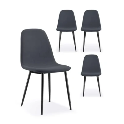 Image of VonHaus Dining Chairs Set of 4 Charcoal Blue Kitchen with Black Metal Legs Upholstered Cord Effect for Room &amp; Dinner Table Cavell