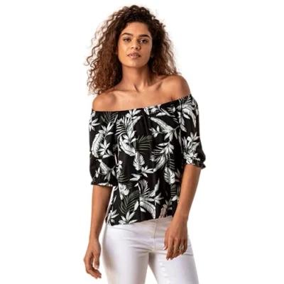 Image of Roman Originals Bardot Top Off Shoulder Blouse for Women UK Ladies Floral Print Shirt Palm Leaf Tropical Ditsy Cold Jersey Frill Cuff Summer Spring Holiday Black Size 6