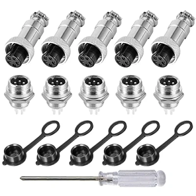 Image of Aiqeer 5 Pcs Pin GX12 Aviation Connector, 12 mm Thread Panel Metal Cable 5A Male Female Connector Plug Socket Kit, with Rubber Cap and Phillips Screwdriver