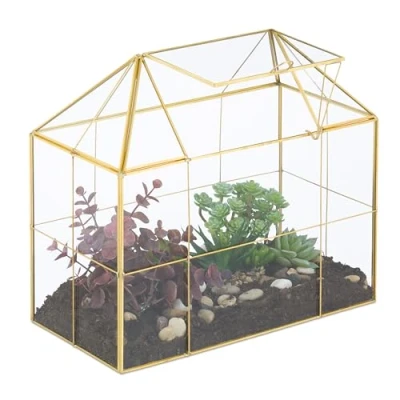 Image of Terrarium, Glass &amp; Copper, House Shape, 27x30x15 cm, Succulents Air Plants, Mini Greenhouse, Decor, Gold Relaxdays