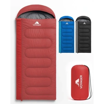 Image of Voyager Sleeping Bag for Adults Lightweight &amp; Compact, Versatile 3 4 Season Temperature, Spacious Design, Quality Material, Ideal Camping Backpacking 190x30x80cm Red