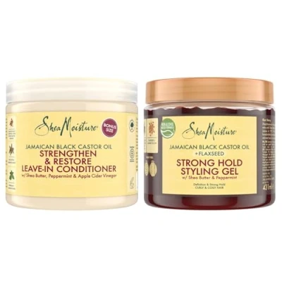 Image of SheaMoisture Jamaican Black Castor Oil Strengthen &amp; Restore Leave In Conditioner 431 ml Strong Hold Styling Gel for coily curly hair