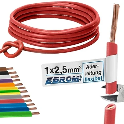 Image of Core Cable Wiring Single Flexible PVC H07V K 2.5 mm² Colour: Red Many Lengths Available in 5 Metre Increments, Length: 15 m