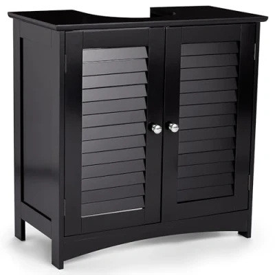 Image of VonHaus Under Sink Bathroom Cabinet Black Storage for Freestanding Basin with 2 Internal Shelves &amp; Shutter Style Doors Cupboard Shrewsbury