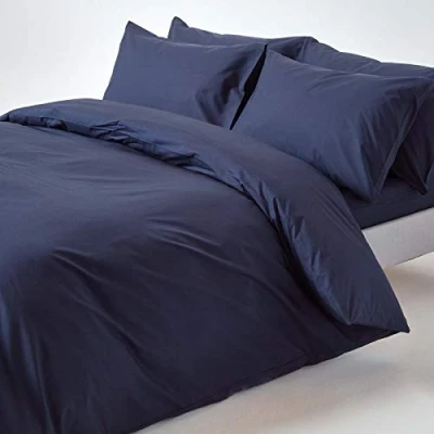 Image of HOMESCAPES Navy Blue Pure Egyptian Cotton Duvet Cover Set Double 200 TC 400 Thread Count Equivalent 2 Pillowcases Included Quilt Bedding