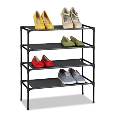 Image of Relaxdays Shoe Rack, Organiser with 4 Levels, Stores 12 Pairs of Shoes, Fleece, Iron, HxWxD: 68 x 62 28, Black