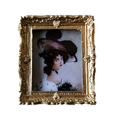Image of Dolls House Victorian Lady in Hat Painting Gold Frame Miniature Accessory