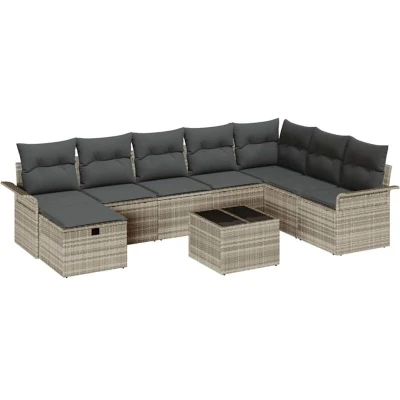 Image of vidaXL 9 Piece Garden Sofa Set with Cushions Light Grey Poly Rattan