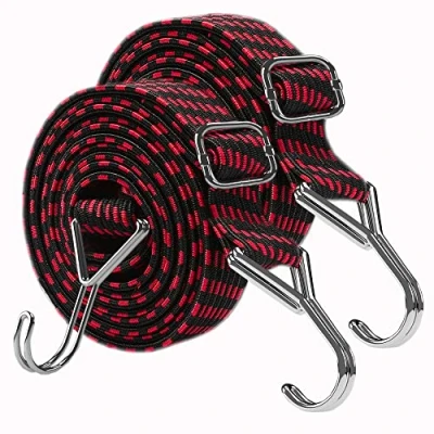 Image of Bungee Cords With Hooks Adjustable Elastic Heavy Duty Straps Rope 2 Pack 2m Flat for Bike Luggage Rack Tarp Camping Tent Car Roof Fixings
