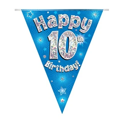 Image of Party Bunting Happy 10th Birthday Blue Holographic 11 flags 3.9m