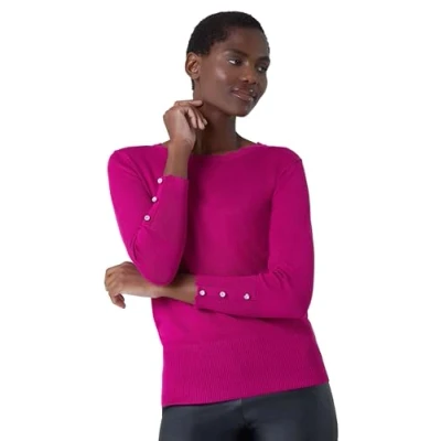Image of Roman Womens Diamante Button Scallop Edge Jumper Fuchsia Size 14 UK