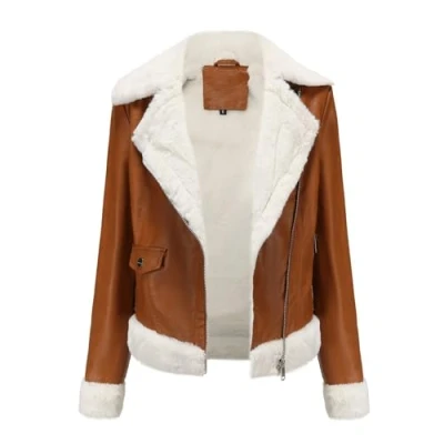 Image of DLLDLGG Women Faux Leather Jacket With Fur Lining Warm Winter Biker Coat Moto