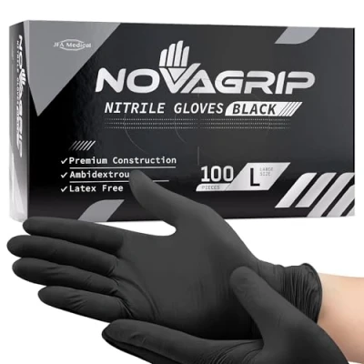 Image of Novagrip JFA Medical Disposable Powder Free Latex Black Nitrile Gloves Box of 100 (Large)