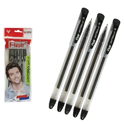 Image of 5 x 0.5mm FLAIR Hydra BLACK Gel Pens Easy Grip Smooth Writing Office School Home