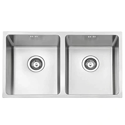 Image of JASSFERRY Undermount Stainless Steel Kitchen Sink Tight Radius Double 2 Bowl with Strainer Waste, 750 X 440 mm