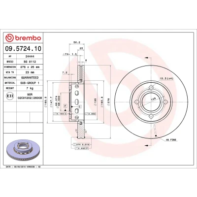 Image of 895615301B, 8A0615301C Brake disc BREMBO 09.5724.10 276mm 25mm 4 internally vented AUDI: 80 B4 Saloon, Coupe B3, Avant