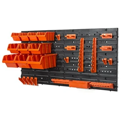 Image of Plastic tool board with set of 13 storage bins and 17 piece hangers