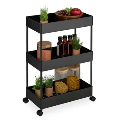 Image of Relaxdays Rolling Cart, 80% plastic 20% stainless steel, Black, 65 x 39.5 21.5 cm