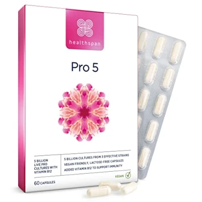 Image of Healthspan probiotic 5 Multi Strain with Billion Live Cultures from 3 Bacteria strains Vitamin B12 to Support Your Immune Health Vegan &amp; Lactose Free Capsules (60 Capsules)